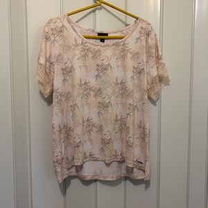 Tahari Womens Floral Lace Trim Short Sleeve Top Pink Grey XL High Low Hem
